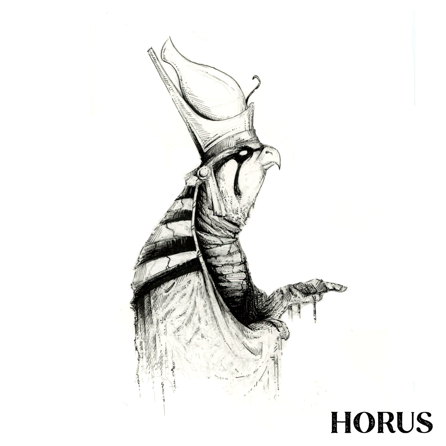 Illustration noir et blanc à la plume du dieu égyptien Horus - Artiste :  Guillaume Lehericey (Lupin de Garenne)