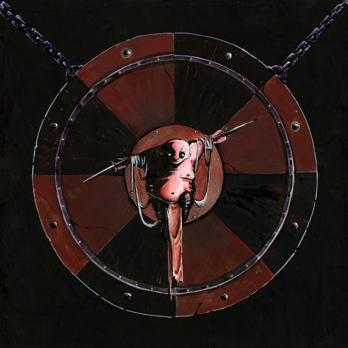 Un homme trapu, torse nu et tenant deux dagues, en lévitation devant une sorte roue de la fortune tenue par deux chaînes - Illustration Dark Fantasy avec une inspiration Jeu de Rôle - Plume et Encre - Artiste : Guillaume Lehericey (Lupin de Garenne)