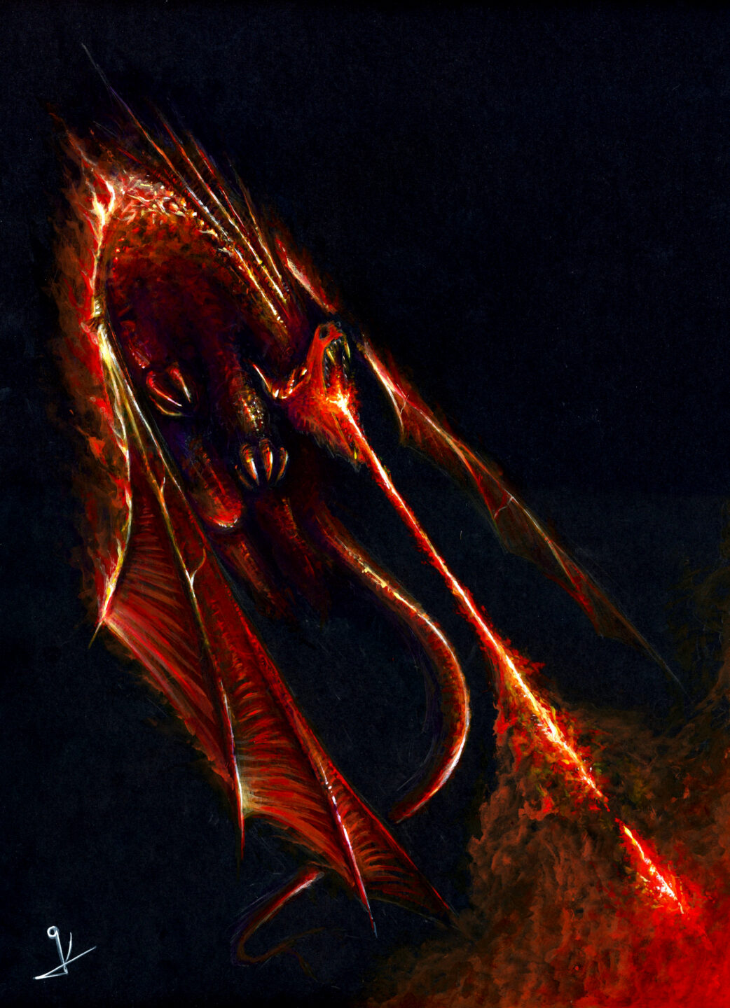 Peinture à l'acrylique sur papier noir d'un dragon rouge crachant des flammes - Artiste : Guillaume Lehericey (Lupin de Garenne)