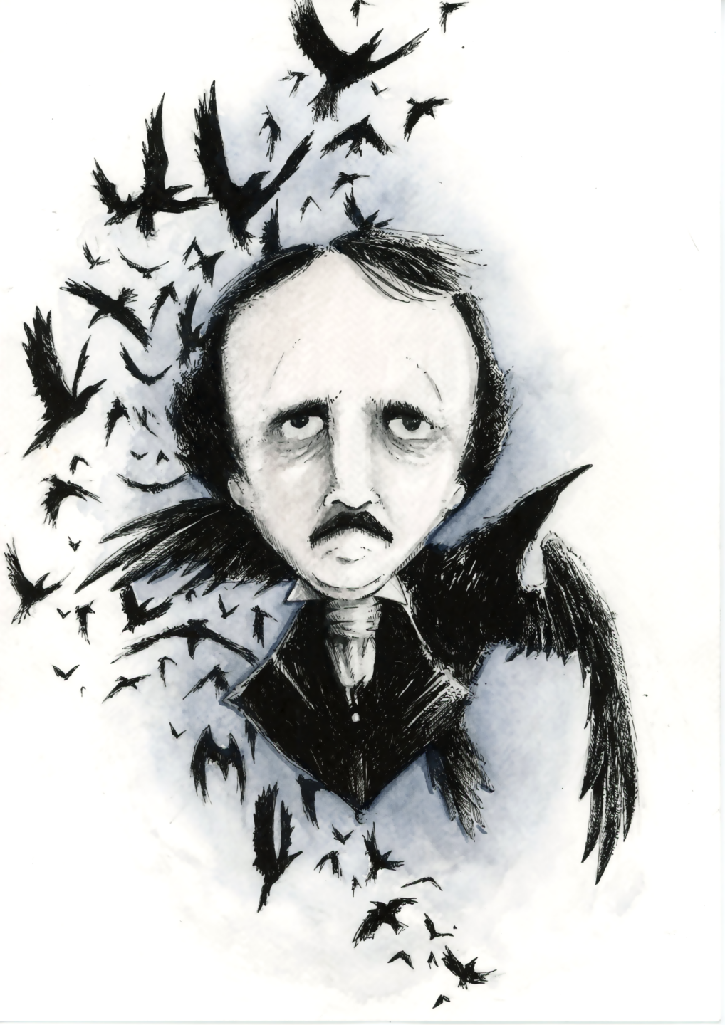 Illustration plume et encre - Portrait de Edgar Allen Poe entouré d'une nuée de corbeaux, avec un corbeau sur l'épaule - Artiste : Guillaume Lehericey (Lupin de Garenne)