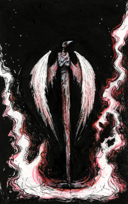 Illustration d'une créature humanoïde sur fond noir, avec une tête d'oiseau et deux ailes. Il est enveloppé de bandelettes et semble en lévitation, au dessus d'un puit dont sorte des fumées. Dessin dans un style Dark Fantasy avec une inspiration Jeu de Rôle - Plume et Encre, Posca - Artiste : Guillaume Lehericey (Lupin de Garenne)