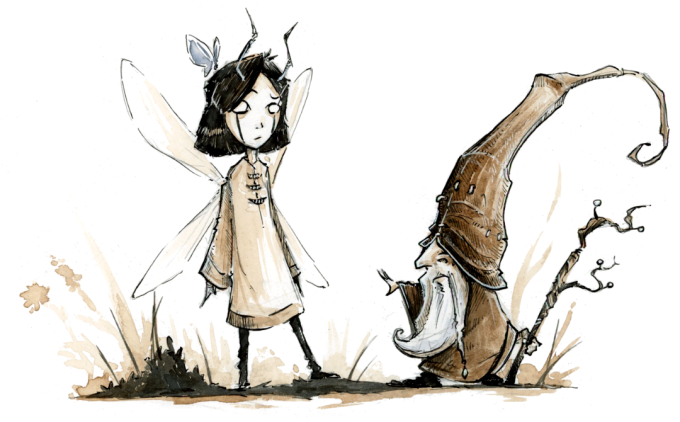 Dessin fantasy d'un gnome et d'une fée - inspiration jeu de rôle - artiste : Guillaume Lehericey (Lupin de Garenne)