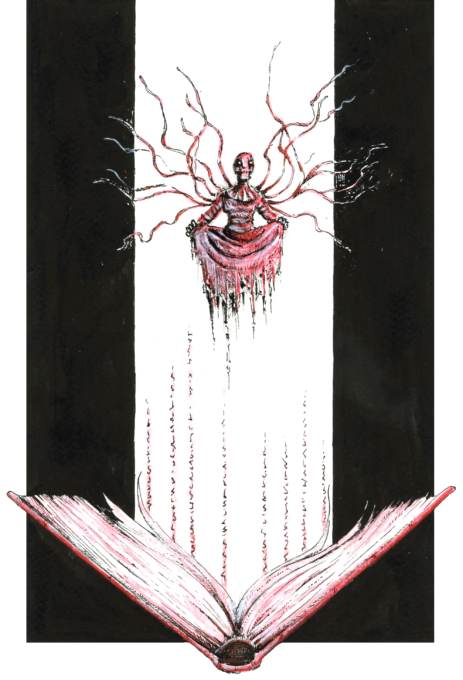 Illustration d'un sorcier en lévitation assis en tailleur, vêtu d'une robe en haillons. son torse est entouré des bandelettes qui volent autour de lui. Sous lui, un livre géant est entrouvert sur la tranche, et des inscriptions magiques semblent s'échapper de ses pages. Dessin dans un style Dark Fantasy avec une inspiration Jeu de Rôle - Plume et Encre, Posca - Artiste : Guillaume Lehericey (Lupin de Garenne)