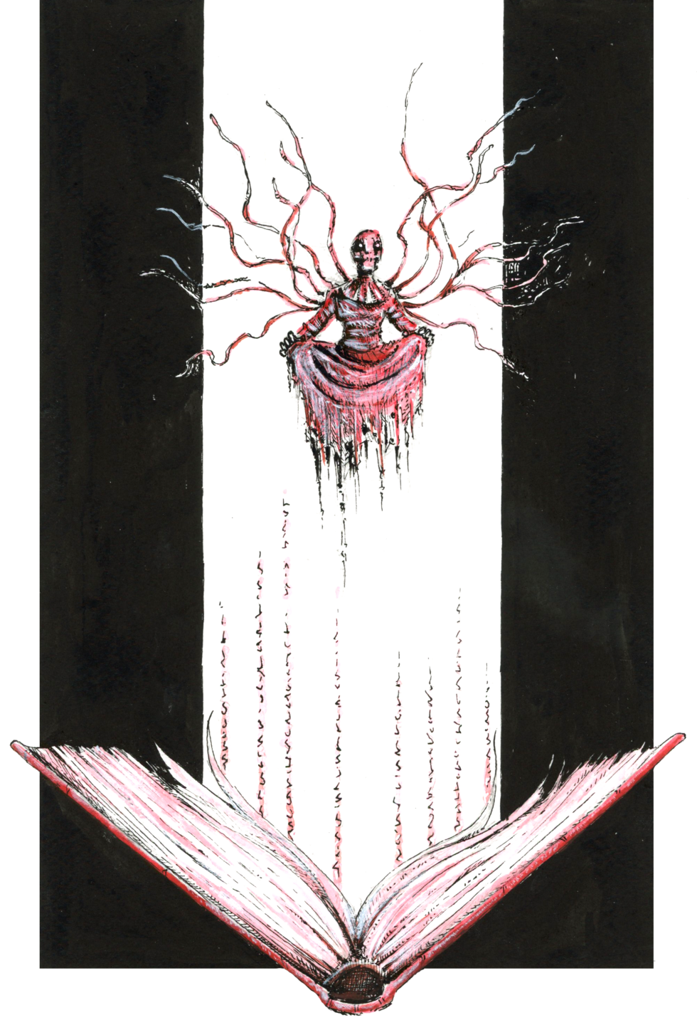 Illustration d'un sorcier en lévitation assis en tailleur, vêtu d'une robe en haillons. son torse est entouré des bandelettes qui volent autour de lui. Sous lui, un livre géant est entrouvert sur la tranche, et des inscriptions magiques semblent s'échapper de ses pages. Dessin dans un style Dark Fantasy avec une inspiration Jeu de Rôle - Plume et Encre, Posca - Artiste : Guillaume Lehericey (Lupin de Garenne)