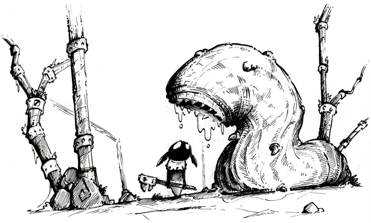 Illustration à la plume d'un gobelin bricoleur surpris par un ver géant pendant une intervention et qui n'en mène pas large, dans le monde fantasy de Dungeon Magnets - Dessin traditionnel à l'encre, inspiration jeu de rôle - Artiste : Guillaume Lehericey (Lupin de Garenne)