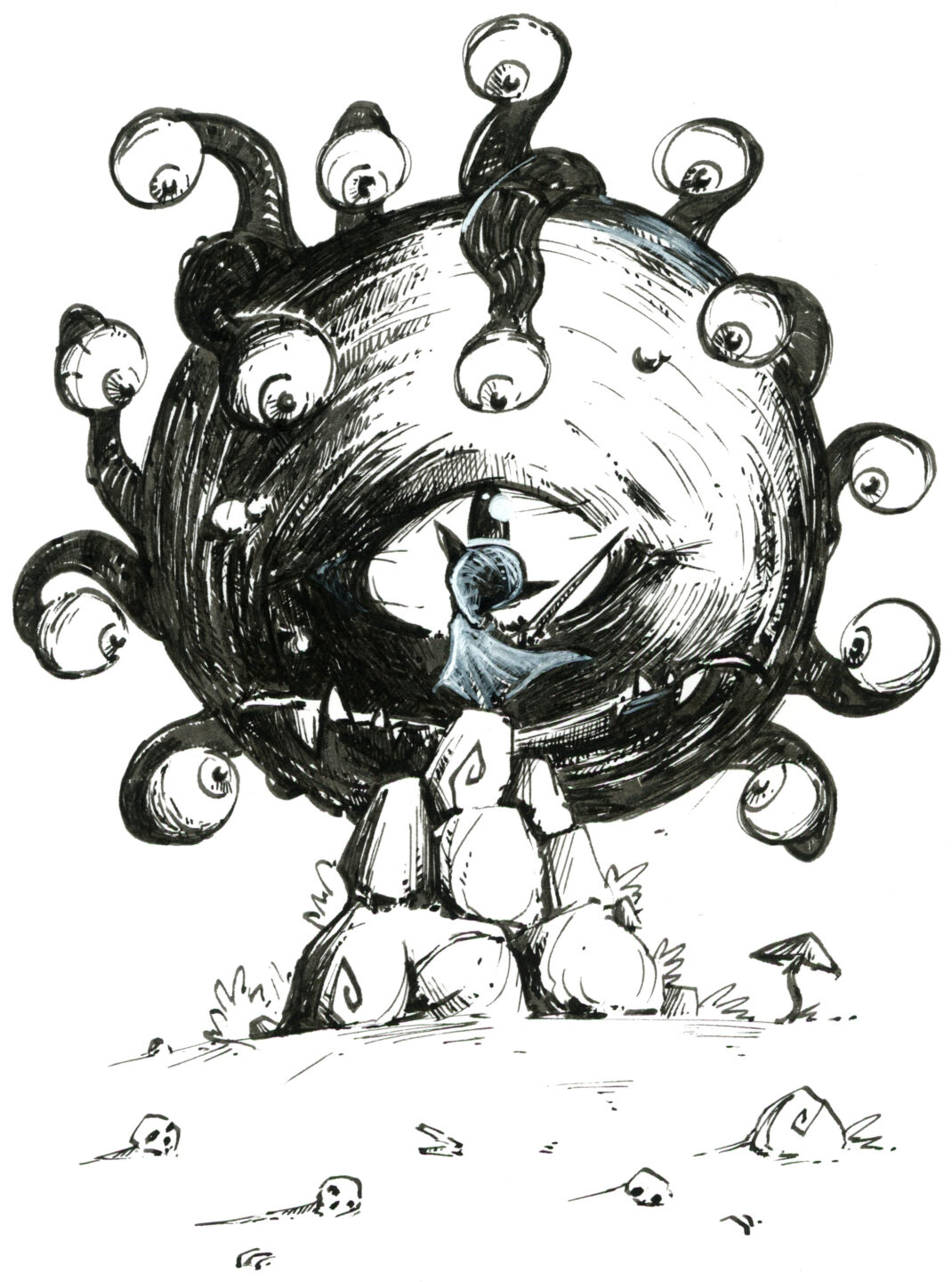 Illustration à la plume d'un gobelin défiant à l'épée un beholder, dans le monde fantasy de Dungeon Magnets - Dessin traditionnel à l'encre, inspiration jeu de rôle - Artiste : Guillaume Lehericey (Lupin de Garenne)