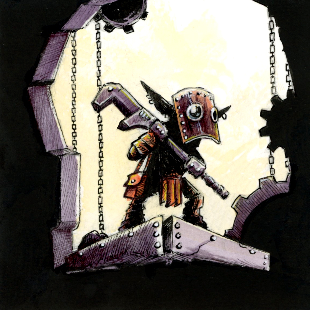Illustration d'un gobelin bricoleur tenant une énorme clef anglaise, dans le monde fantasy de Dungeon Magnets - Dessin traditionnel à l'encre, inspiration jeu de rôle - Artiste : Guillaume Lehericey (Lupin de Garenne)