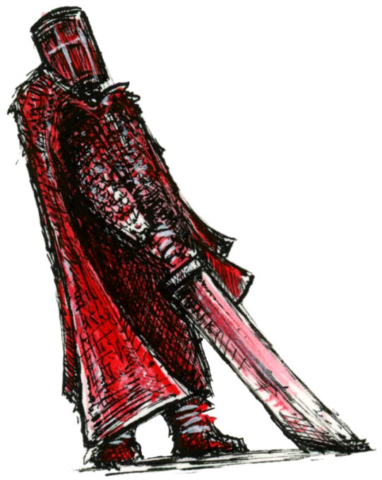 Illustration d'un guerrier debout de trois-quart, en armure et avec une cape, qui s'apprête à soulever une très lourde épée à deux mains. Dessin dans un style Dark Fantasy avec une inspiration Jeu de Rôle - Plume et Encre - Artiste : Guillaume Lehericey (Lupin de Garenne)