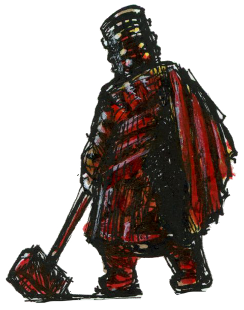 Illustration d'un guerrier debout de trois-quart, avec un lourd heaume sans ouverture et un marteau de guerre. Dessin dans un style Dark Fantasy avec une inspiration Jeu de Rôle - Plume et Encre, Posca - Artiste : Guillaume Lehericey (Lupin de Garenne)