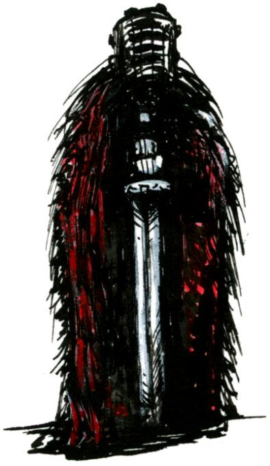 Illustration d'un guerrier debout de face, avec un casque, une épée à deux mains et une cape de fourrure. Dessin dans un style Dark Fantasy avec une inspiration Jeu de Rôle - Plume et Encre - Artiste : Guillaume Lehericey (Lupin de Garenne)