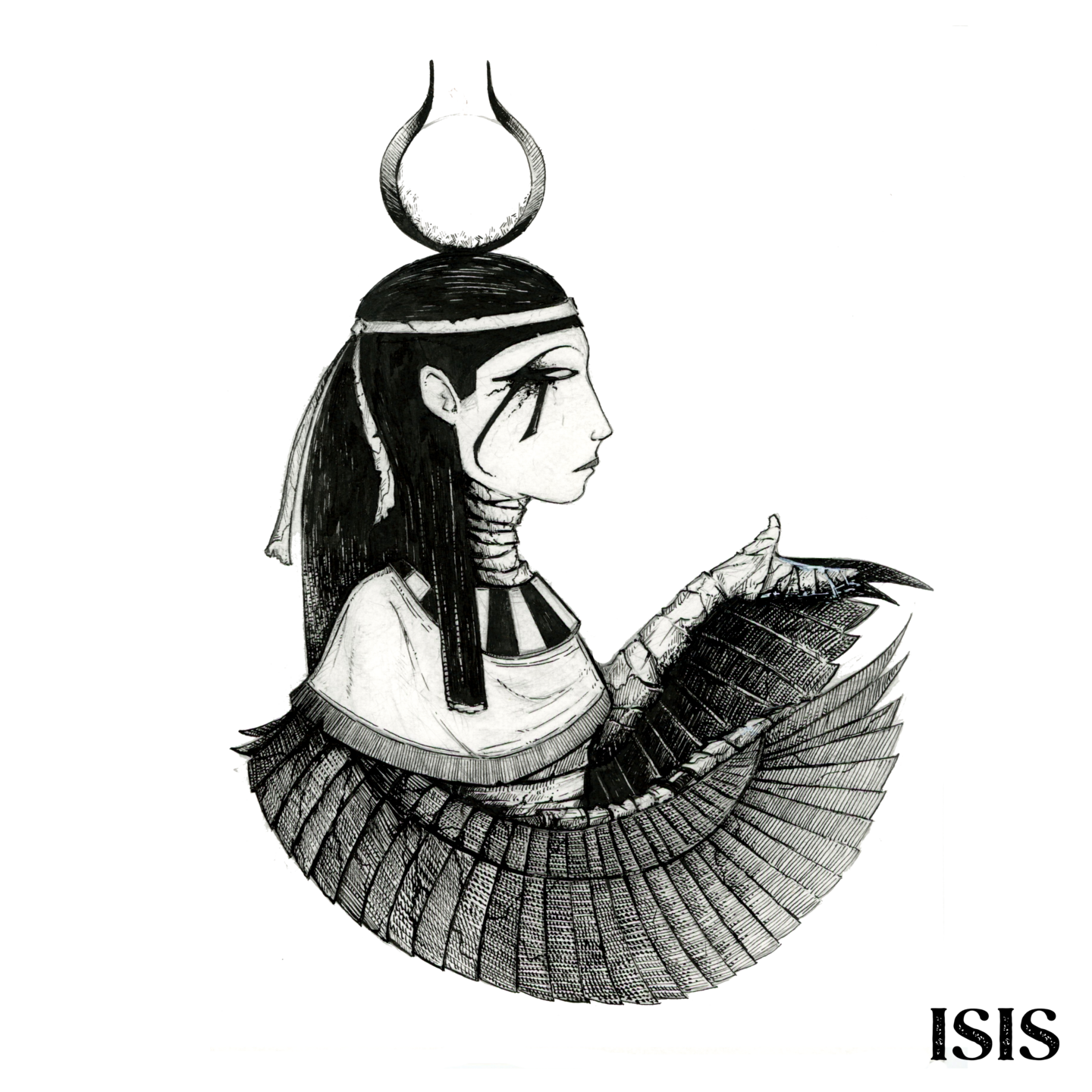 Illustration noir et blanc à la plume du dieu égyptien Isis - Artiste : Guillaume Lehericey (Lupin de Garenne)