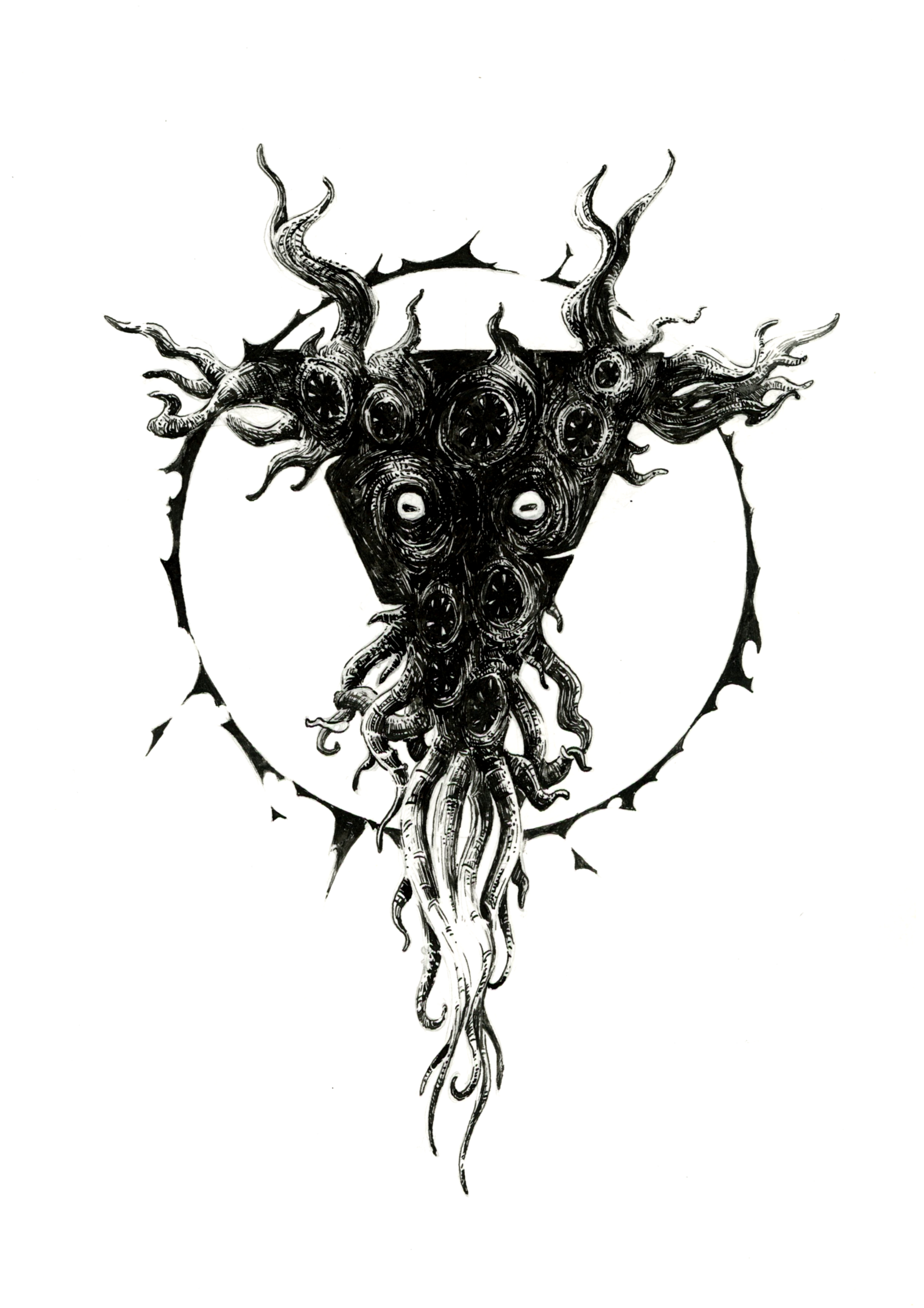 Illustration noir et blanc de Shub-niggurath, sous la forme d'une forme nébuleuse qui émerge d'un portail triangulaire. Les tentacules qui s'en échappent laissent vaguement penser à une tête de chèvre, ce qui évoque son surnom : La Chèvre au Mille Chevreaux. Au centre, deux yeux caprins sont entourés de bouches circulaires multiples hérissées de dents - Série le Mythe de Cthulhu et les Grands Anciens (Lovecraft) - Artiste : Guillaume Lehericey (Lupin de Garenne)