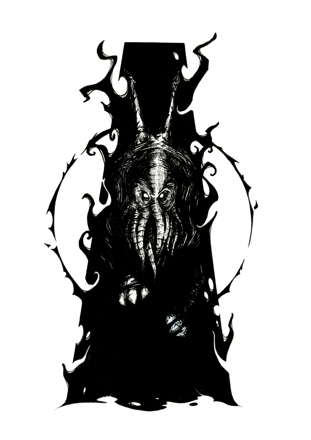 Illustration noir et blanc de Cthulhu, le Prêtre des Grands Anciens, sous la forme d'une silhouette massive aperçue au travers d'un portail entrouvert - Série le Mythe de Cthulhu et les Grands Anciens (Lovecraft) - Artiste : Guillaume Lehericey (Lupin de Garenne)