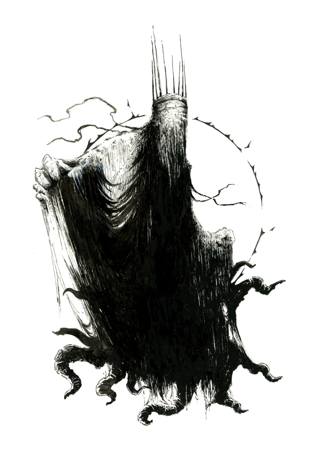 Illustration noir et blanc de Hastur, le Roi en Jaune, sous la forme d'un humanoïde avec une couronne, enveloppé d'une cape qui le drape intégralement et laisse uniquement deviner sa silhouette avec des tentacules qui s'échappent par le bas - Série le Mythe de Cthulhu et les Grands Anciens (Lovecraft) - Artiste : Guillaume Lehericey (Lupin de Garenne)