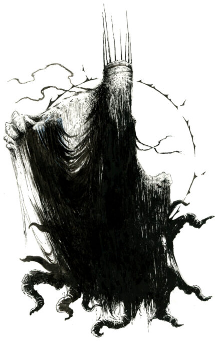 Illustration noir et blanc de Hastur, le Roi en Jaune, sous la forme d'un humanoïde avec une couronne, enveloppé d'une cape qui le drape intégralement et laisse uniquement deviner sa silhouette avec des tentacules qui s'échappent par le bas - Série le Mythe de Cthulhu et les Grands Anciens (Lovecraft) - artiste : Guillaume Lehericey (Lupin de Garenne)