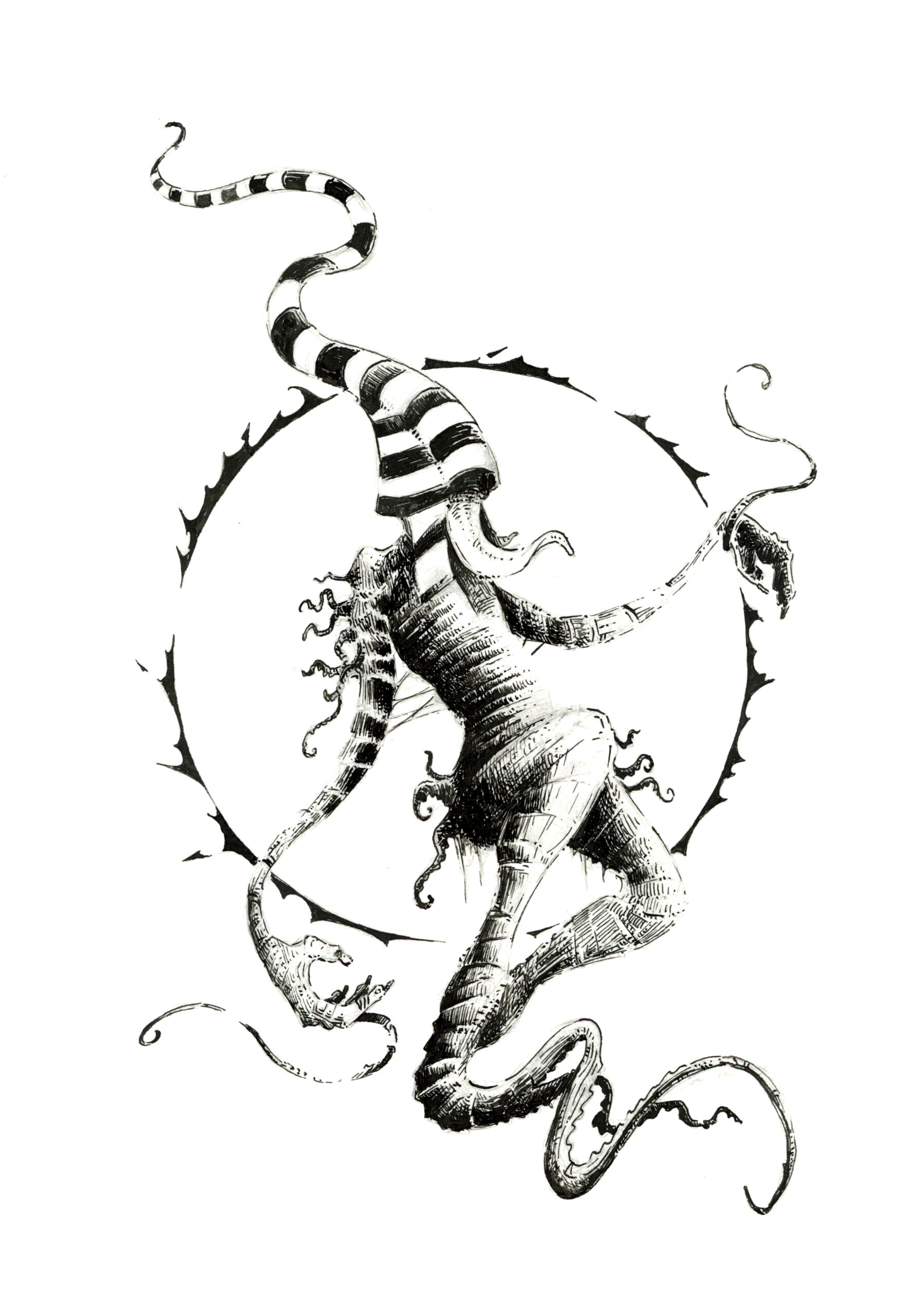 Illustration noir et blanc de Nyarlathotep, sous la forme d'un humanoïde à tête de seiche, enveloppé de bandelettes et avec des membres ondoyants comme des tentacules - Série le Mythe de Cthulhu et les Grands Anciens (Lovecraft) - Artiste : Guillaume Lehericey (Lupin de Garenne)