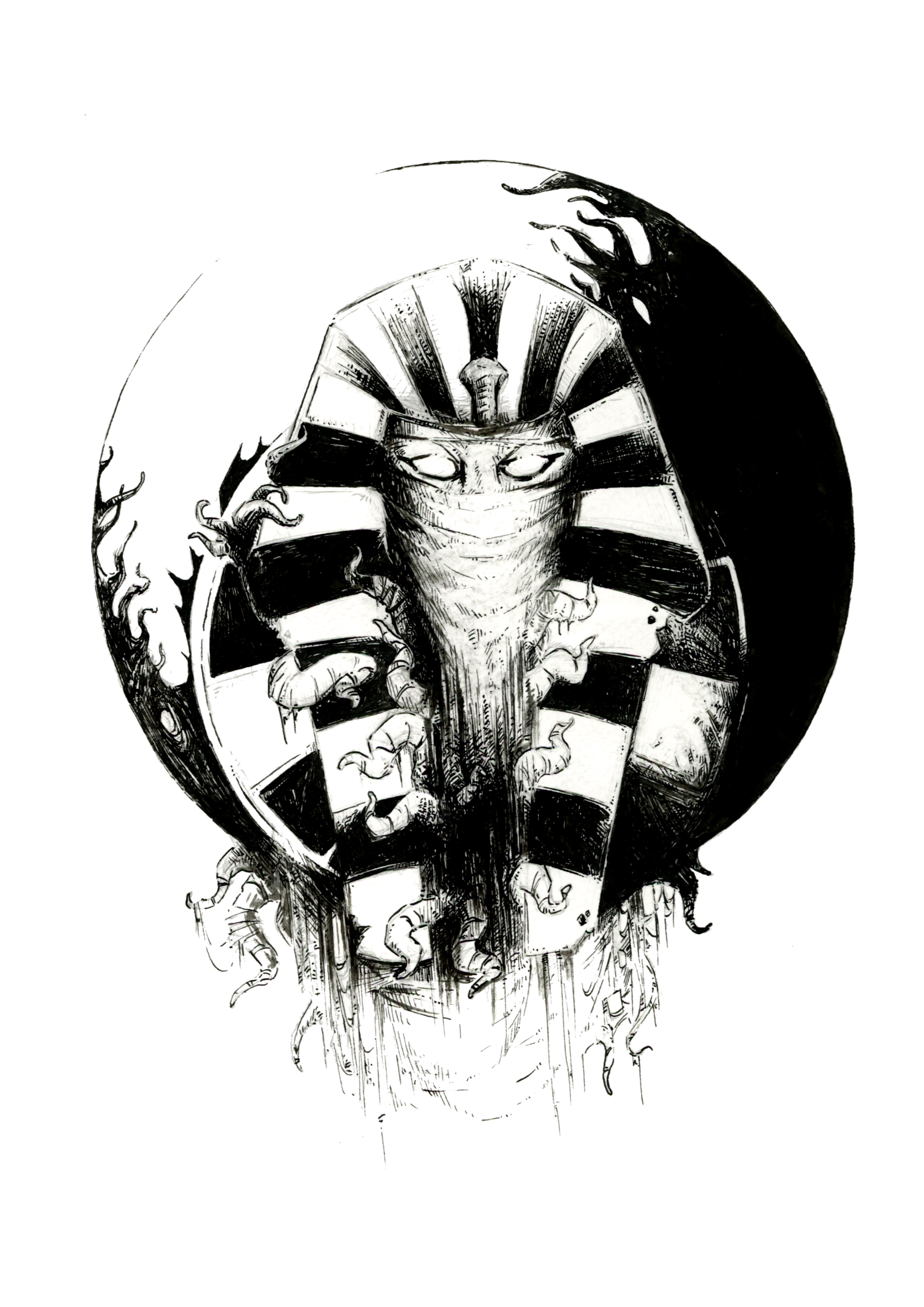 Illustration noir et blanc de Nyarlathotep, sous sa forme du Pharaon Noir. Derrière lui, un disque solaire est progressivement envahi par des tentacules de ténèbres - Série le Mythe de Cthulhu et les Grands Anciens (Lovecraft) - Artiste : Guillaume Lehericey (Lupin de Garenne)