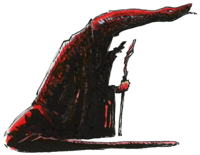 Illustration d'un homme serpent de profil habillé d'une sorte de longue toge. Dessin dans un style Dark Fantasy avec une inspiration Jeu de Rôle - Plume et Encre - Artiste : Guillaume Lehericey (Lupin de Garenne)