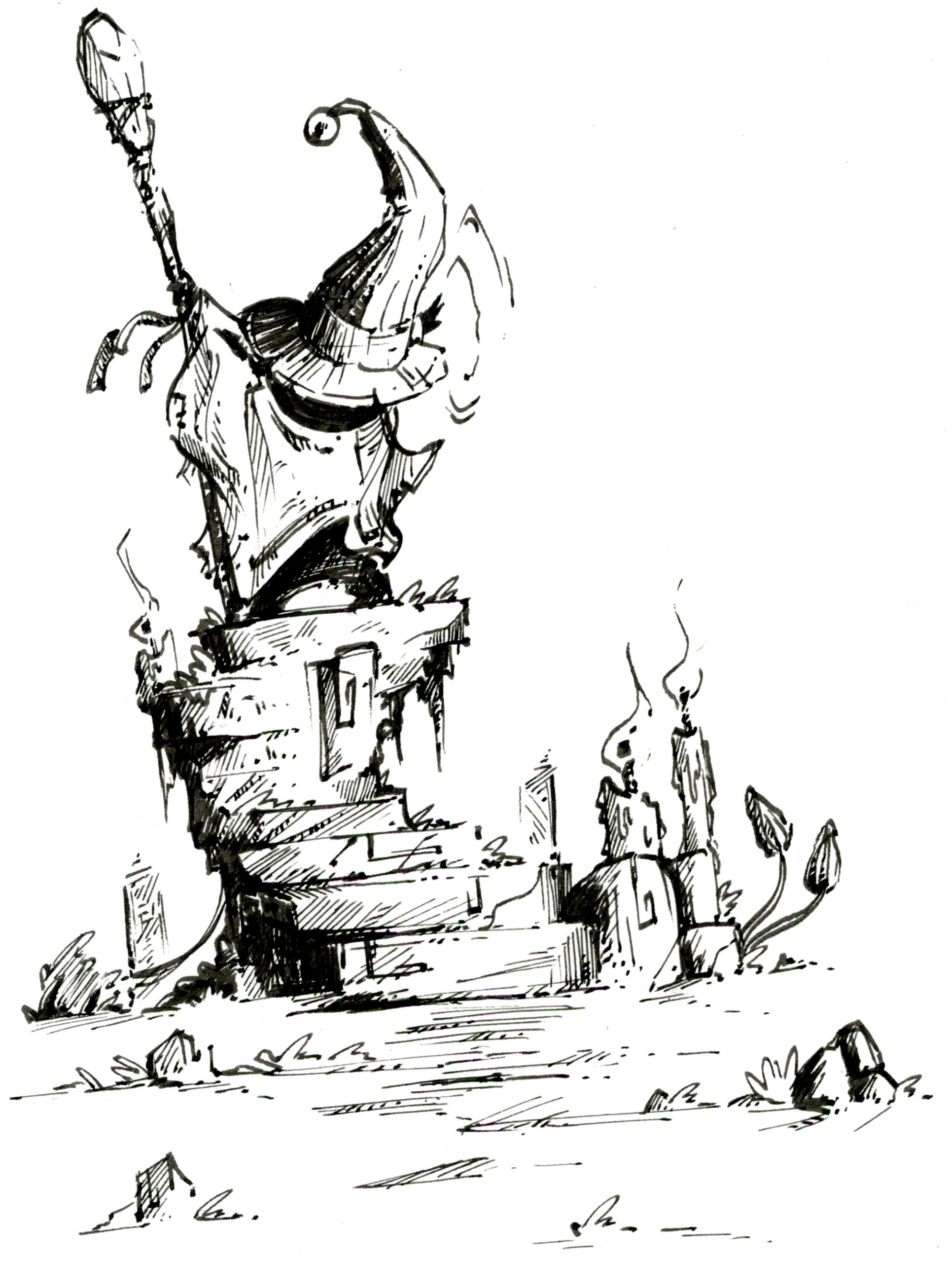 Illustration à la plume d'un sorcier gobelin en train de faire de la magie debout en haut d'une colonne, dans le monde fantasy de Dungeon Magnets - Dessin traditionnel à l'encre, inspiration jeu de rôle - Artiste : Guillaume Lehericey (Lupin de Garenne)