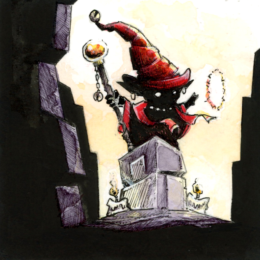 Illustration d'un sorcier gobelin jetant un sort, dans le monde fantasy de Dungeon Magnets - Dessin traditionnel à l'encre, inspiration jeu de rôle - Artiste : Guillaume Lehericey (Lupin de Garenne)