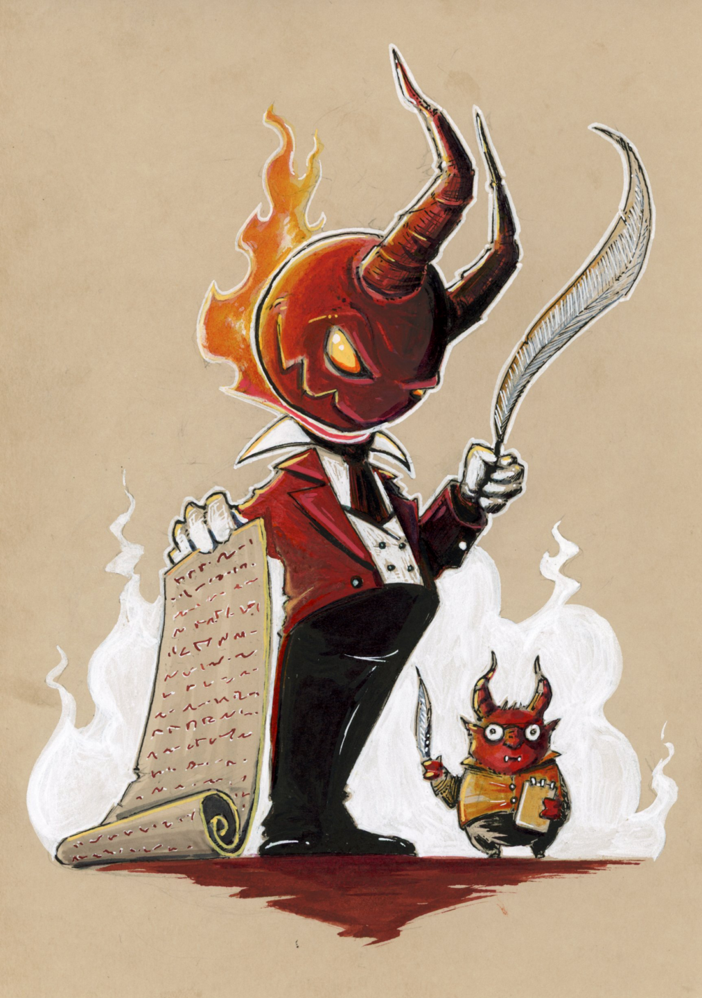 Illustration couleur d'un démon tenant une plume et un parchemin - Artiste : Guillaume Lehericey (Lupin de Garenne)