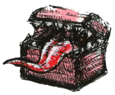 Dessin d'une mimique sous la forme d'un coffre, dans un style Dark Fantasy avec une inspiration Jeu de Rôle - Plume et Encre - Artiste : Guillaume Lehericey (Lupin de Garenne)