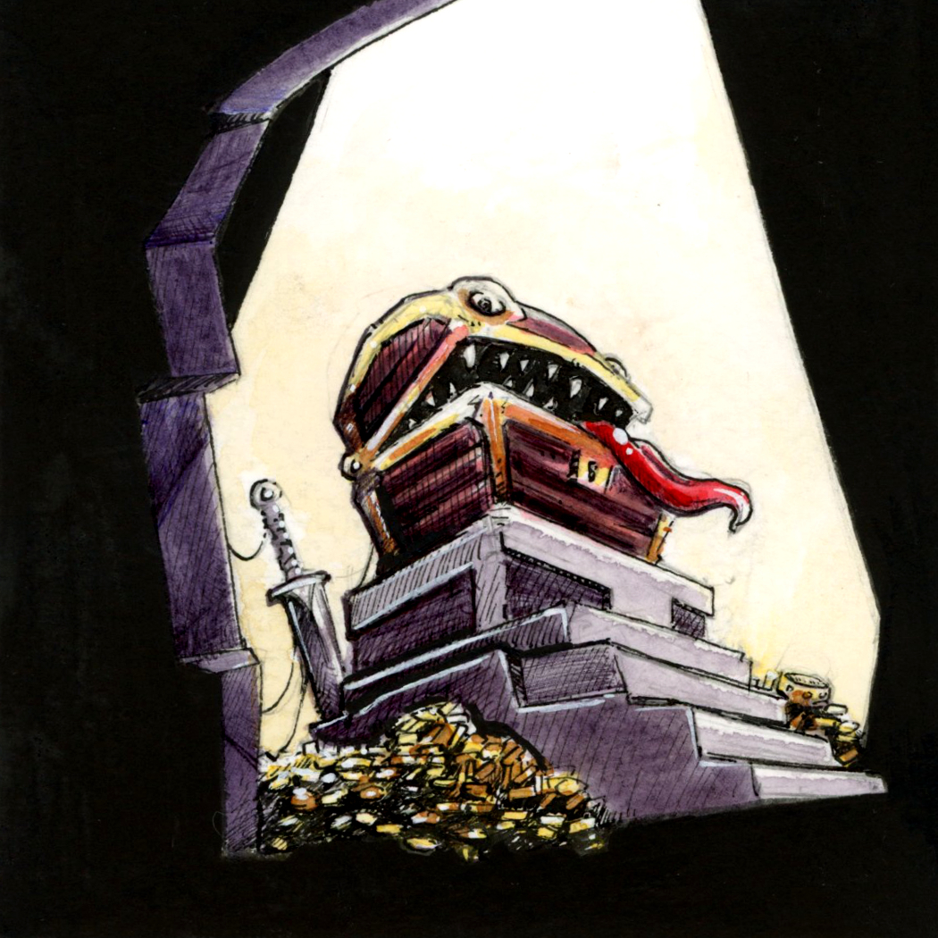 Illustration d'une mimic sous forme de coffre, dans le monde fantasy de Dungeon Magnets - Dessin traditionnel à l'encre, inspiration jeu de rôle - Artiste : Guillaume Lehericey (Lupin de Garenne)