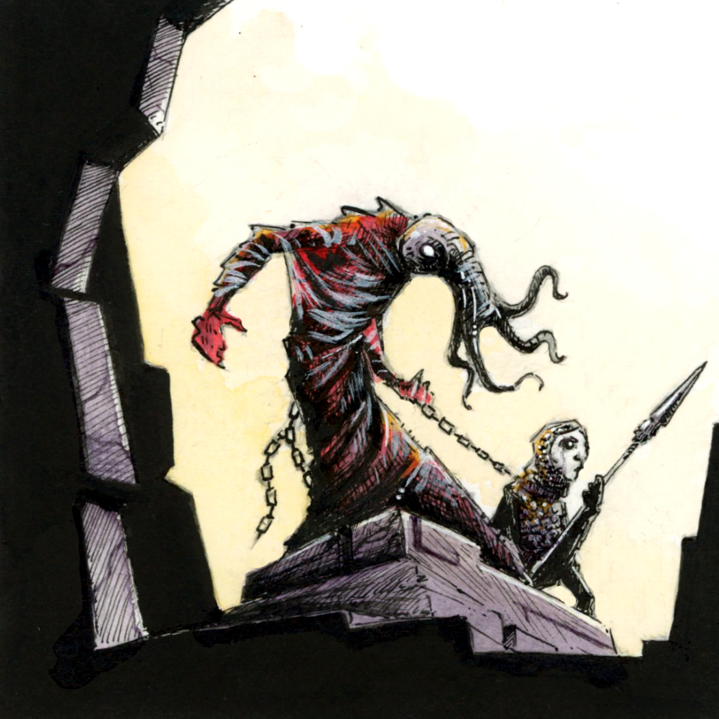 Illustration d'un flagelleur mental, dans le monde fantasy de Dungeon Magnets - Dessin traditionnel à l'encre, inspiration jeu de rôle - Artiste : Guillaume Lehericey (Lupin de Garenne)