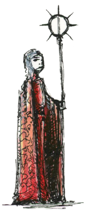 Illustration d'un prêtre avec une cape ornementée, tenant un long bâton orné d'un cercle hérissé de 7 pointes. Dessin dans un style Dark Fantasy avec une inspiration Jeu de Rôle - Plume et Encre - Artiste : Guillaume Lehericey (Lupin de Garenne)