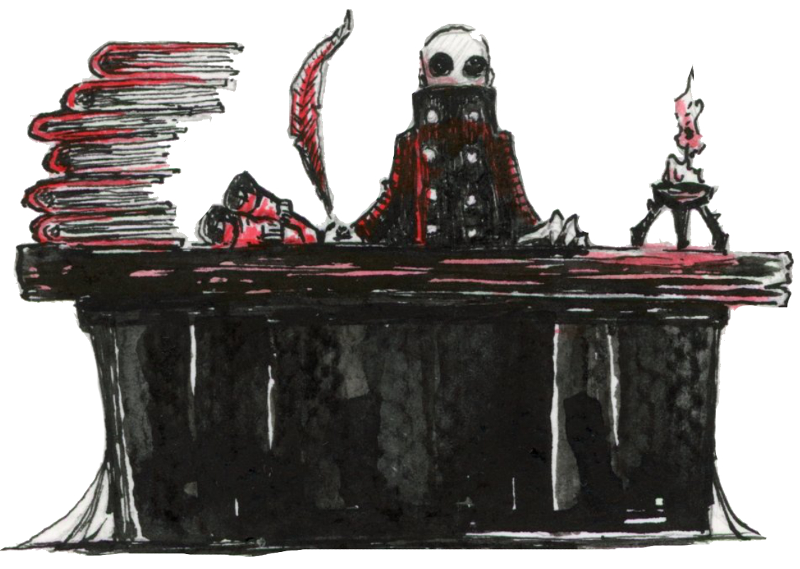 Illustration d'un homme derrière son bureau noir sur lequel sont posés des livres, des parchemins et une bougie, dans un style Dark Fantasy avec une inspiration Jeu de Rôle - Plume et Encre - Artiste : Guillaume Lehericey (Lupin de Garenne)