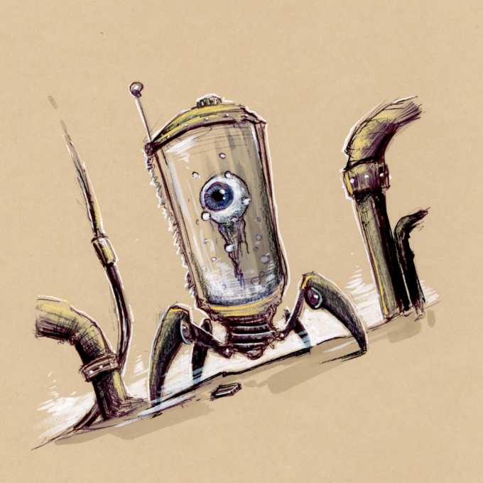 Illustration d'un robot quadripode, avec une cuve centrale qui contient un oeil. - Artiste : Guillaume Lehericey (Lupin de Garenne)