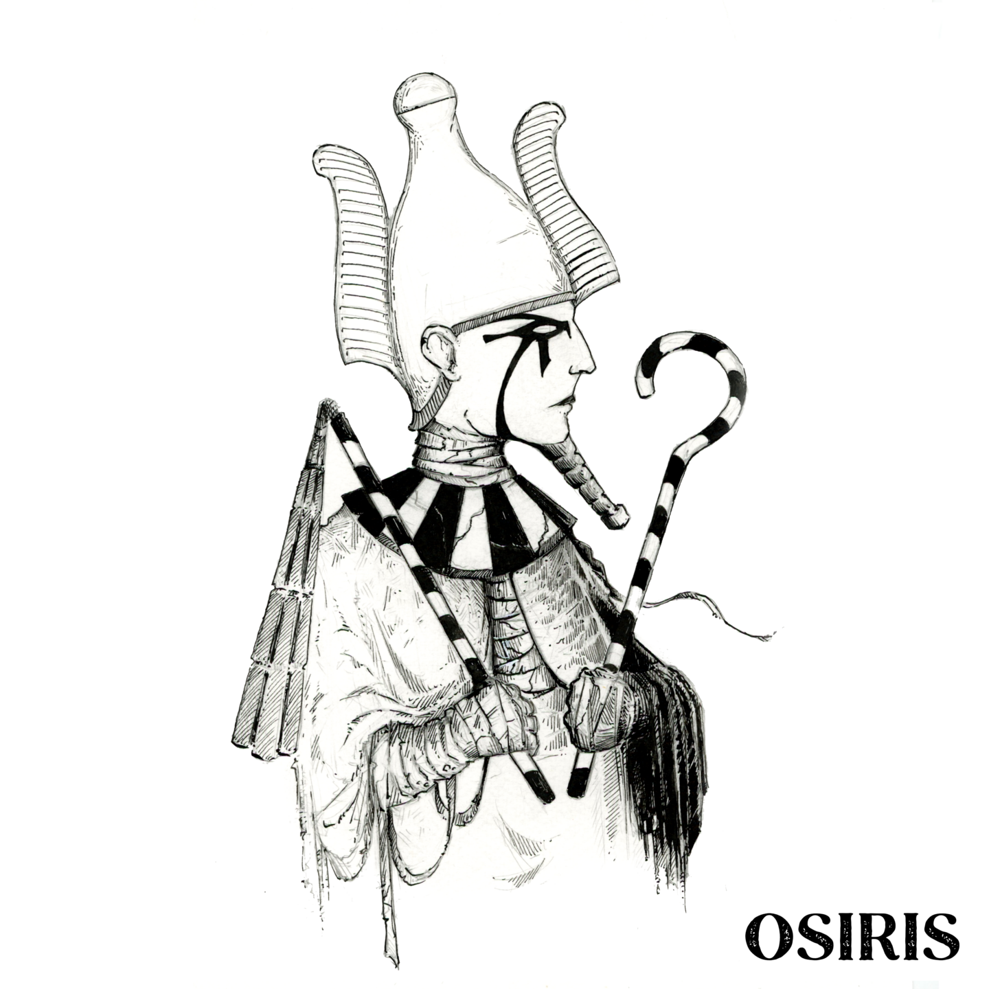 Illustration noir et blanc à la plume du dieu égyptien Osiris - Artiste : Guillaume Lehericey (Lupin de Garenne)