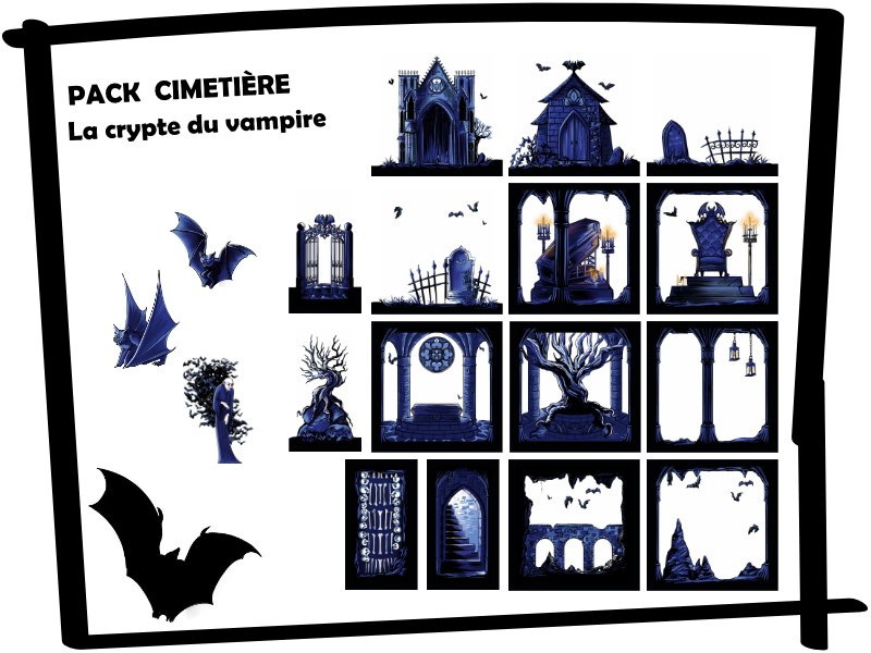 Contenu du Pack Dungeon Magnets Cimetière - Artiste : Arn - Une série de magnets à collectionner pour construire son donjon sur son frigo