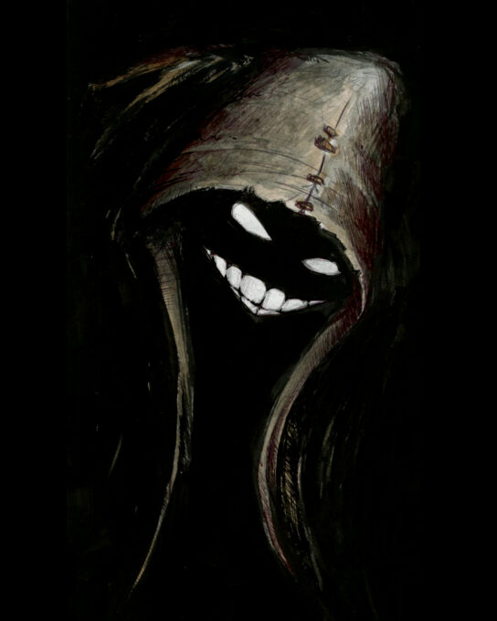 Dessin fantasy d'une silhouette noire et inquiétante portant un capuchon, avec un sourire sardonique - inspiration univers de jeu de rôle - artiste : Guillaume Lehericey (Lupin de Garenne)