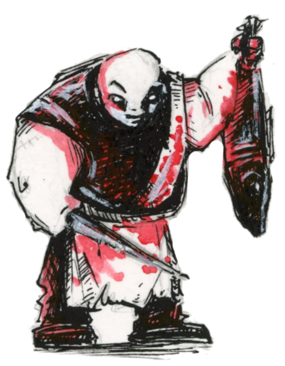 Illustration d'un poissonnier tenant un couteau et un poisson, dans un style Dark Fantasy avec une inspiration Jeu de Rôle - Plume et Encre - Artiste : Guillaume Lehericey (Lupin de Garenne)