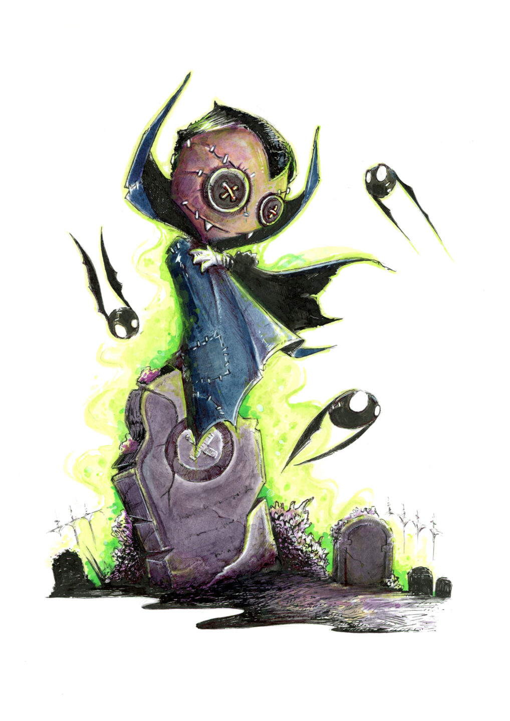 Illustration plume et encre d'une poupée vaudou vampire, vêtu d'une cape et se tenant debout sur une pierre tombale, entourée de trois poupées chauve-souris volantes. - Artiste : Guillaume Lehericey (Lupin de Garenne)