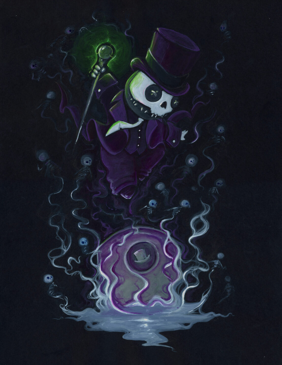 Peinture acrylique sur papier noir d'une poupée vaudou grimée en Baron Samedi, portant un chapeau haut-de-forme, en lévitation au dessus d'une pierre tombale dont émerge des nuées de spectres - Artiste : Guillaume Lehericey (Lupin de Garenne)