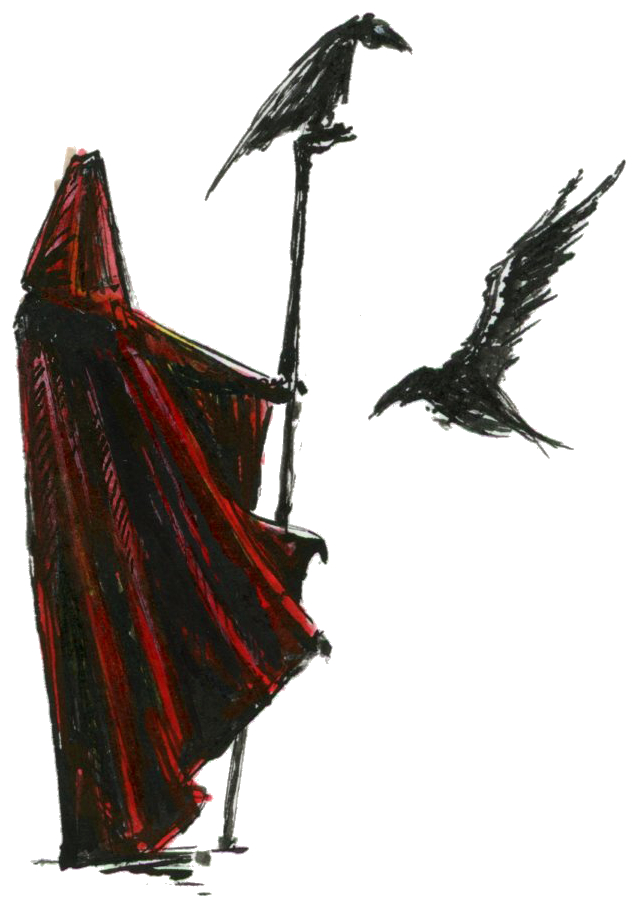 Illustration d'une silhouette mystérieuse dans une longue cape avec une capuche, avec un long bâton et entouré de deux corbeaux. Dessin dans un style Dark Fantasy avec une inspiration Jeu de Rôle - Plume et Encre - Artiste : Guillaume Lehericey (Lupin de Garenne)