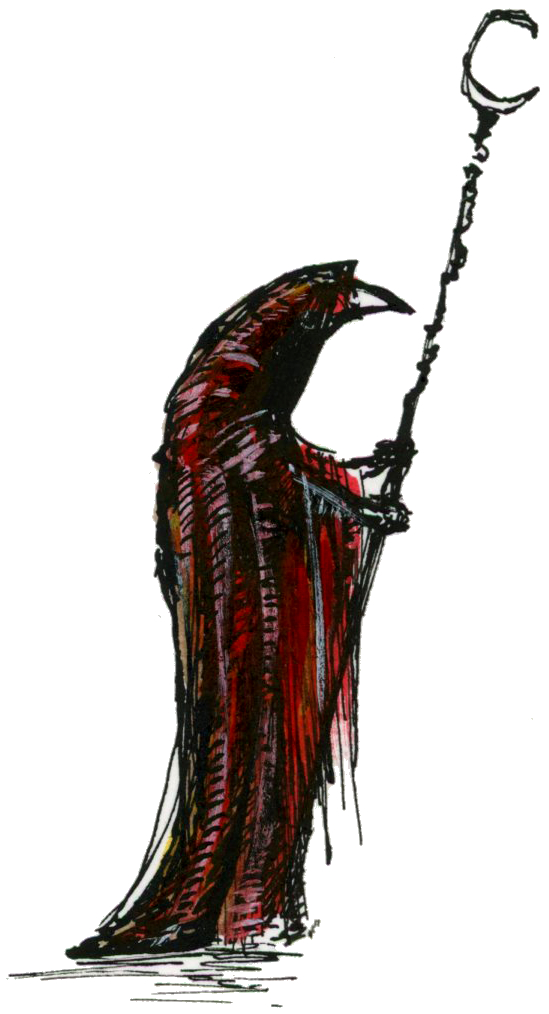 Illustration d'une silhouette humanoïde avec une tête en forme de bec de corbeau, vêtue d'une longue robe noire avec une capuche et tenant à deux mains un baton orné d'une lune, lui donnant une apparence de prêtre. Dessin dans un style Dark Fantasy avec une inspiration Jeu de Rôle - Plume et Encre, Posca - Artiste : Guillaume Lehericey (Lupin de Garenne)