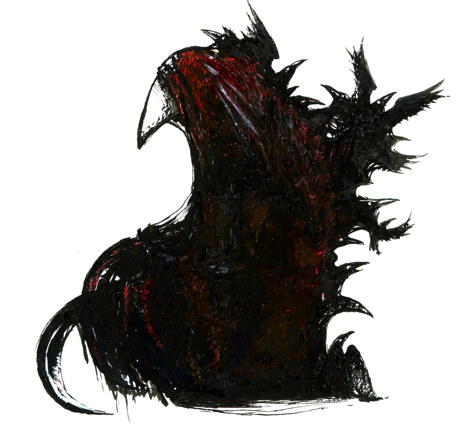 Illustration d'un être mystérieux de profil avec un visage en forme de bec de corneille, et portant une longue cape à capuche. Il tient deux faucilles dans se mains et des corbeaux semblent lui sortir du dos. Dessin dans un style Dark Fantasy avec une inspiration Jeu de Rôle - Plume et Encre - Artiste : Guillaume Lehericey (Lupin de Garenne)