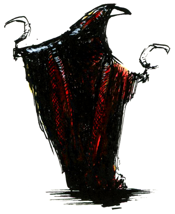 Illustration d'une silhouette humanoïde avec une tête en forme de bec de corbeau, vêtue d'une longue robe noire avec une capuche et tenant deux faucilles. Dessin dans un style Dark Fantasy avec une inspiration Jeu de Rôle - Plume et Encre - Artiste : Guillaume Lehericey (Lupin de Garenne)