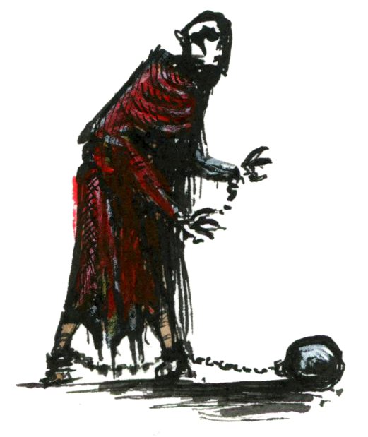 Illustration d'une silhouette humanoïde en guenilles, avec un boulet accroché aux chevilles par une chaîne. Dessin dans un style Dark Fantasy avec une inspiration Jeu de Rôle - Plume et Encre - Artiste : Guillaume Lehericey (Lupin de Garenne)