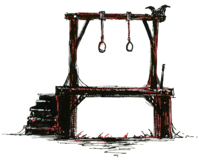 Dessin d'une potence, avec deux cordes. Des corbeaux se tiennent sur la poutre supérieure - Plume et Encre - Artiste : Guillaume Lehericey (Lupin de Garenne)
