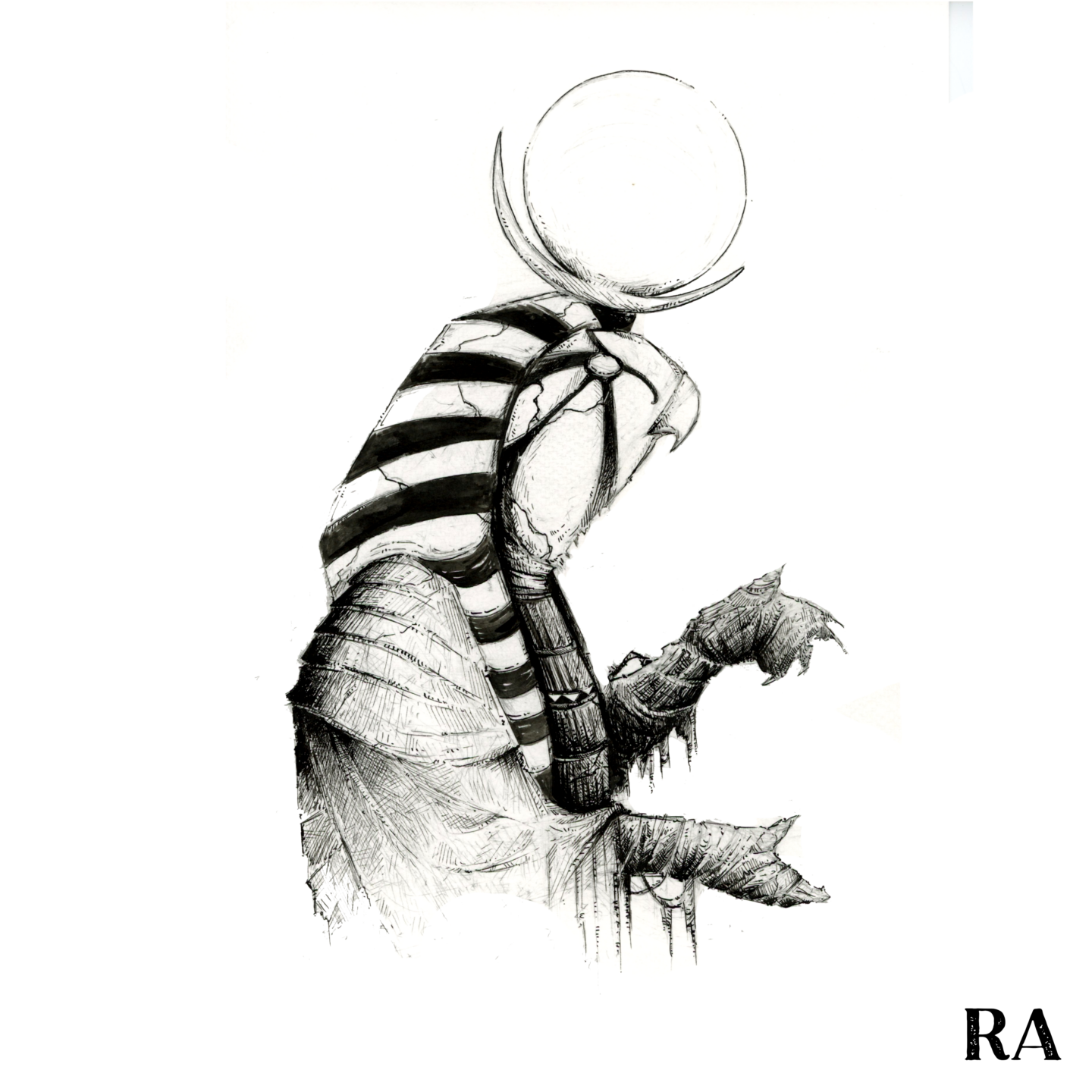 Illustration noir et blanc à la plume du dieu égyptien Ra - Artiste : Guillaume Lehericey (Lupin de Garenne)