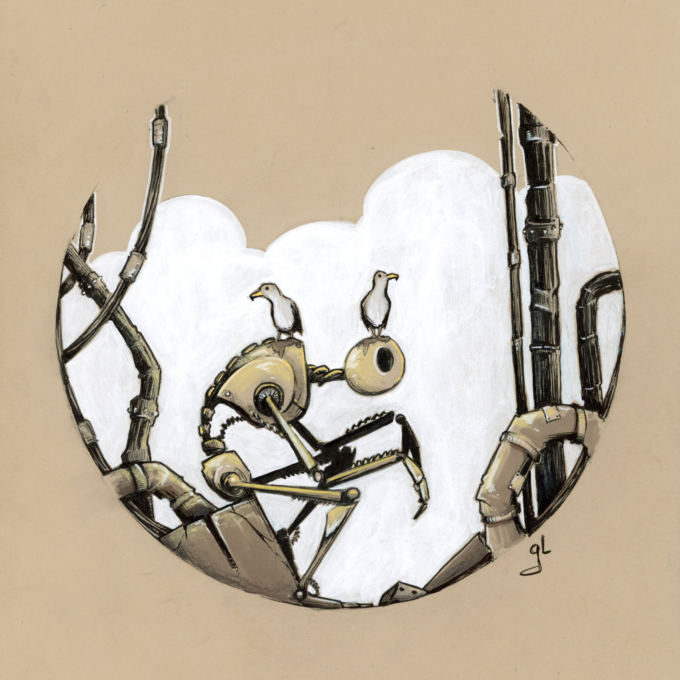 Illustration d'un robot assis qui semble pensif, avec deux mouettes posées sur lui - Artiste : Guillaume Lehericey (Lupin de Garenne)