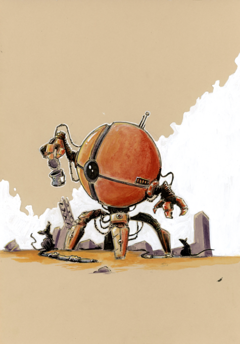 Illustration d'un robot qui tient une conserve devant un rat - Artiste : Guillaume Lehericey (Lupin de Garenne)