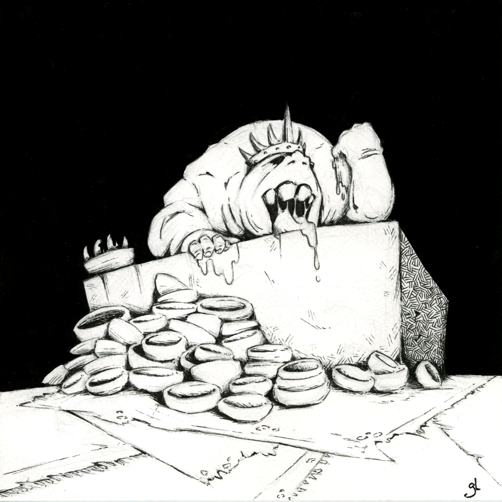 Dessin fantasy en noir et blanc. Un Roi à l'aspect d'ogre bouffi se tient vautré sur une grande pierre qui lui sert de table. Il est en train de manger, à mains nues et en bavant, quelque chose de dégoulinant. Devant la table, des écuelles vides s'empilent en désordre. - Artiste : Guillaume Lehericey (Lupin de Garenne)