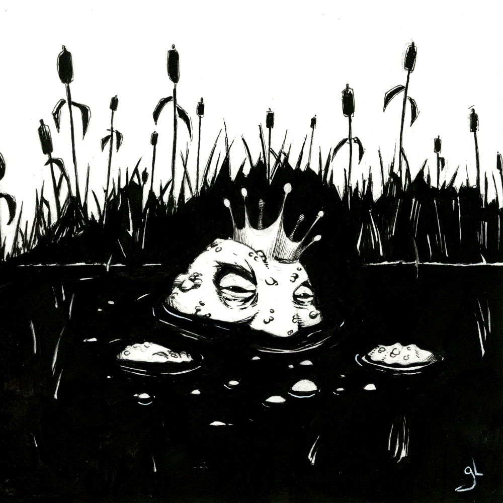 Dessin fantasy en noir et blanc. La tête bouffie d'un Roi couvert de pustules émerge des eaux noires d'un marécages. - Artiste : Guillaume Lehericey (Lupin de Garenne)