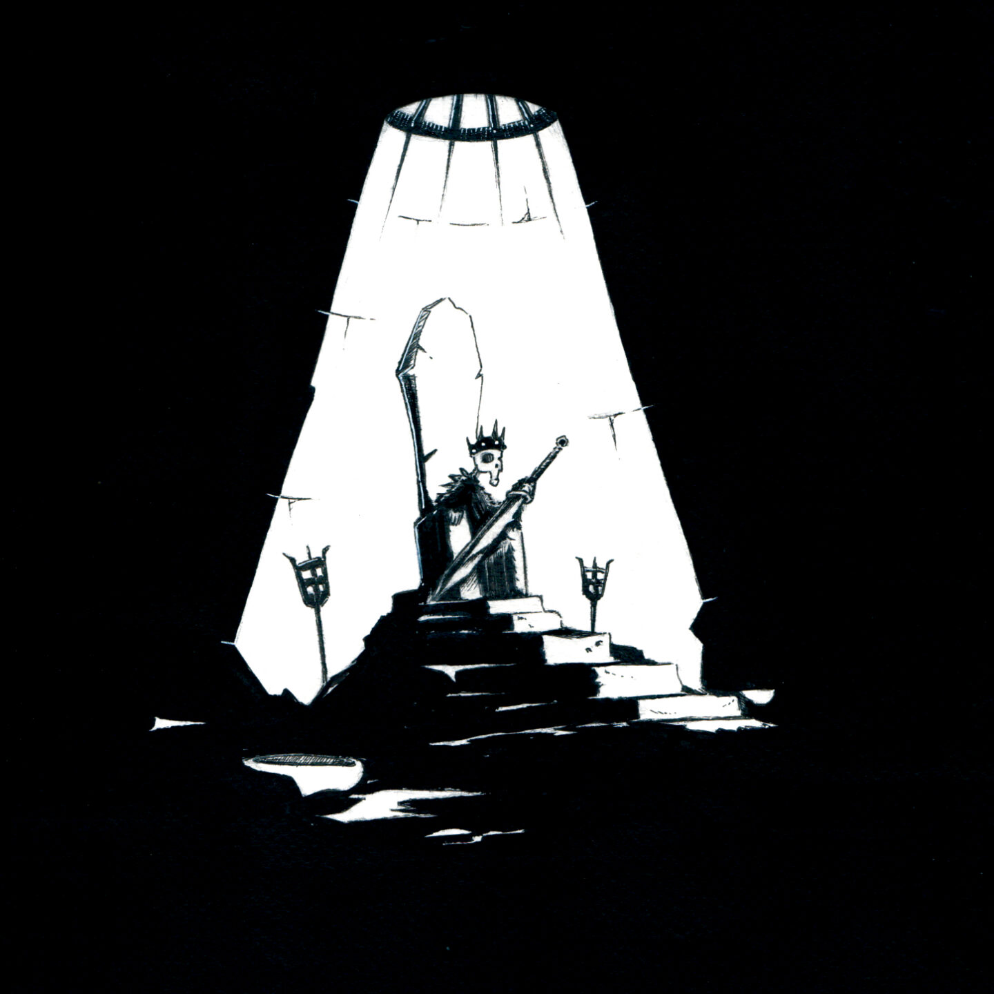 Dessin fantasy en noir et blanc. Un Roi squelette, assis sur un trône de pierre et tenant une large épée à deux mains. Il se tient dans une pièce plongée dans le noir, sous un rayon de lumière qui vient d'une ouverture au plafond, obstruée par une grille. La lumière laisse deviner une volée de quelques marches recouvertes d'un tapis miteux. - Artiste : Guillaume Lehericey (Lupin de Garenne)