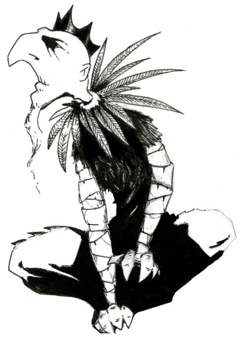 Dessin en noir et blanc. Un Roi accroupi à l'air renfrogné avec une collerette de plumes. - artiste : Guillaume Lehericey (Lupin de Garenne)